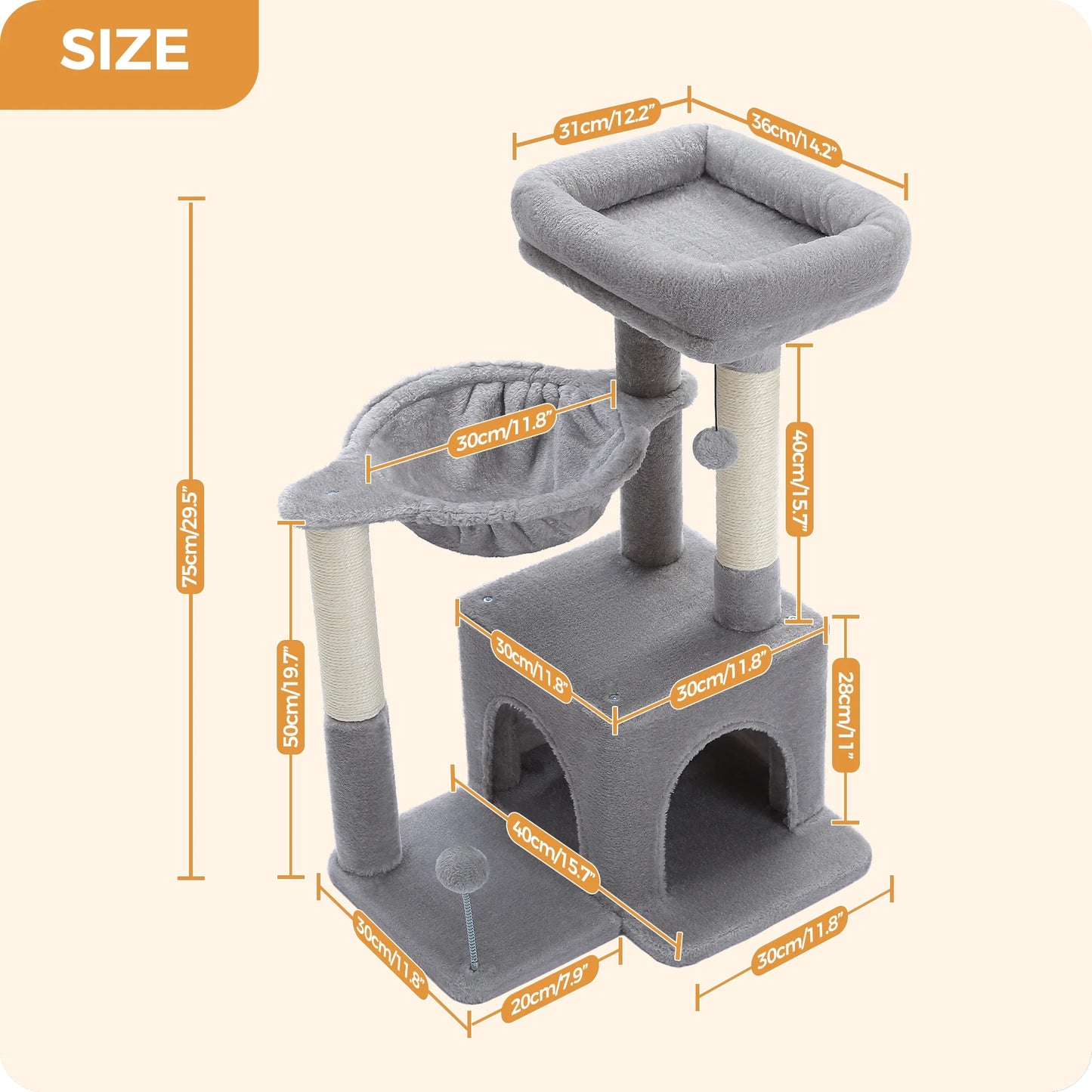 Cat Tree 29.5" Sisal Cat Scratching Posts Tower Hammock Top Perch for Indoor Cats,Gray