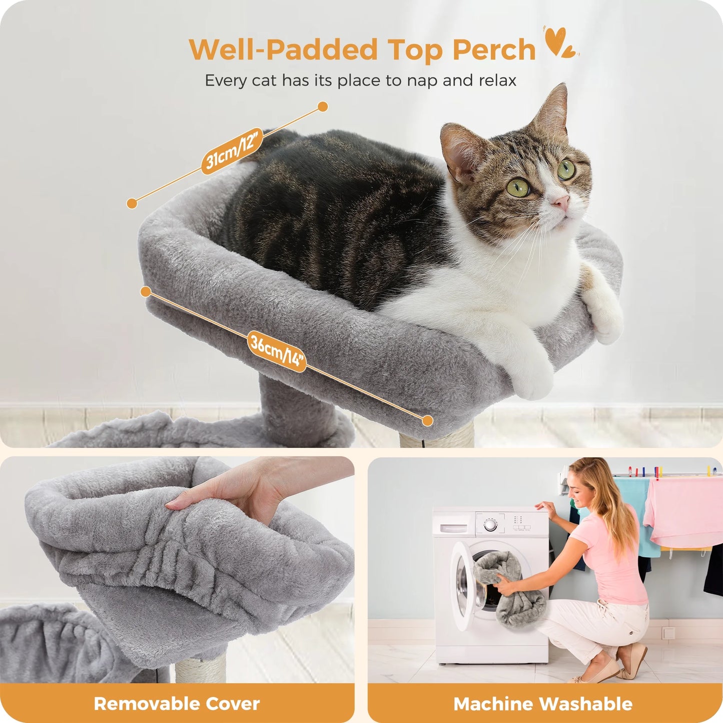 Cat Tree 29.5" Sisal Cat Scratching Posts Tower Hammock Top Perch for Indoor Cats,Gray